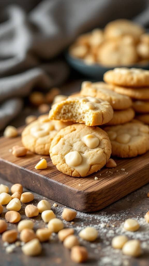 Plate of white chocolate macadamia nut cookies on a wooden board
