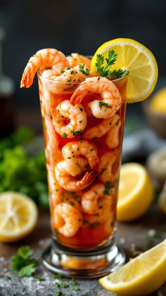 A glass of shrimp cocktail with lemon slices and herbs