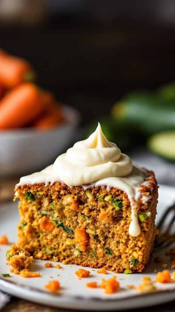 A slice of moist zucchini carrot cake topped with cream cheese frosting, with fresh carrots in the background.