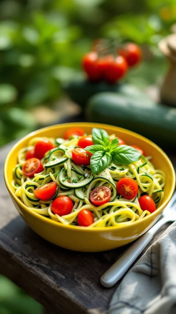 A vibrant zucchini noodle salad with cherry tomatoes and fresh basil in a yellow bowl.