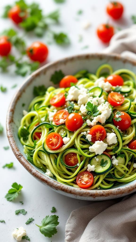 Zucchini noodle salad with cherry tomatoes and feta cheese in a bowl