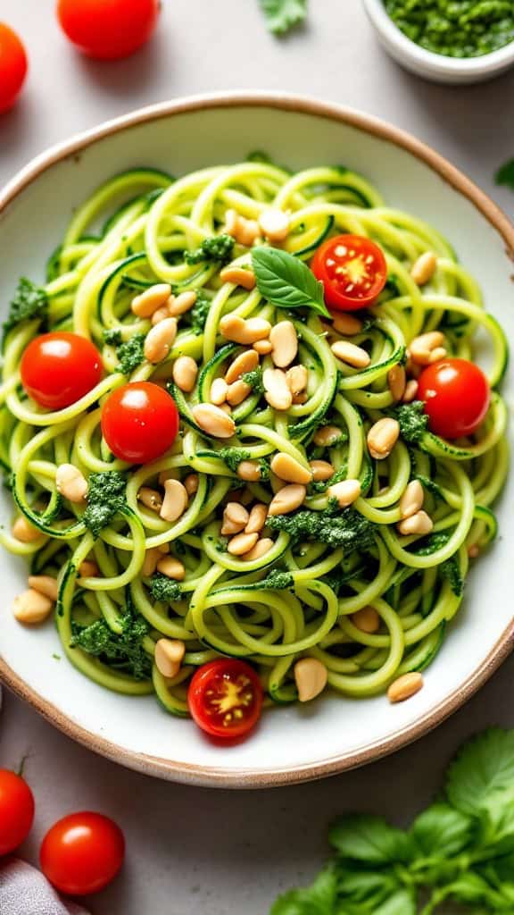 A bowl of zucchini noodles topped with pesto, cherry tomatoes, and pine nuts.