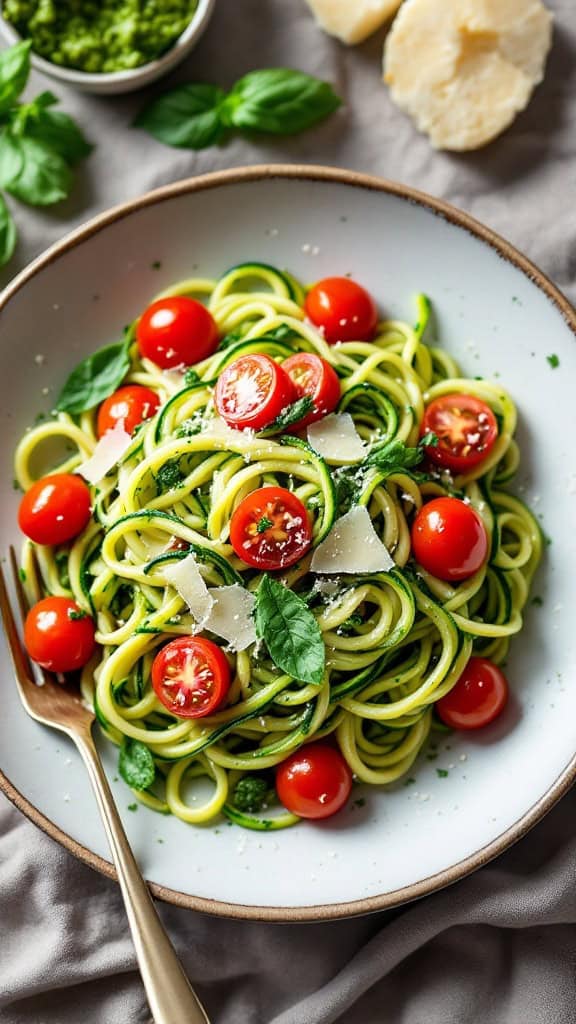 A plate of zucchini noodles topped with pesto, cherry tomatoes, and basil leaves.