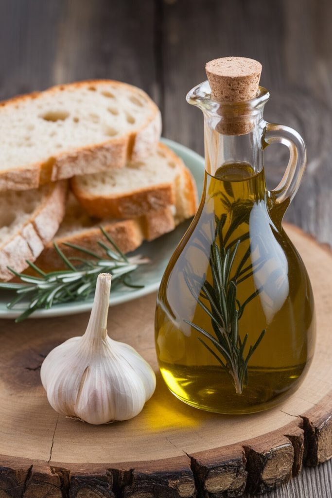 a bottle of garlic and rosemary infused olive oil beside fresh garlic cloves and rosemary sprigs with fresh crusty bread