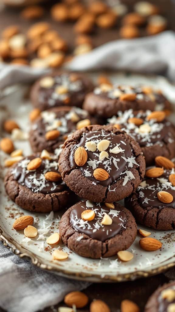 A plate of homemade Almond Joy cookies topped with chocolate, almonds, and shredded coconut.