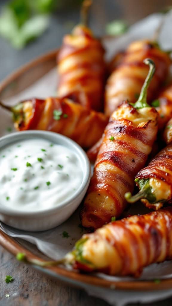A plate of bacon-wrapped jalapeño poppers served with a dipping sauce.