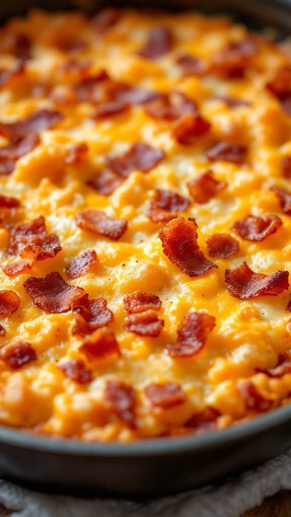 A close-up of a cheesy bacon and cheddar casserole topped with crispy bacon pieces.