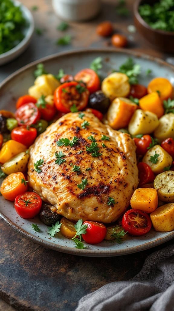 Plate of baked chicken breast surrounded by colorful roasted vegetables.