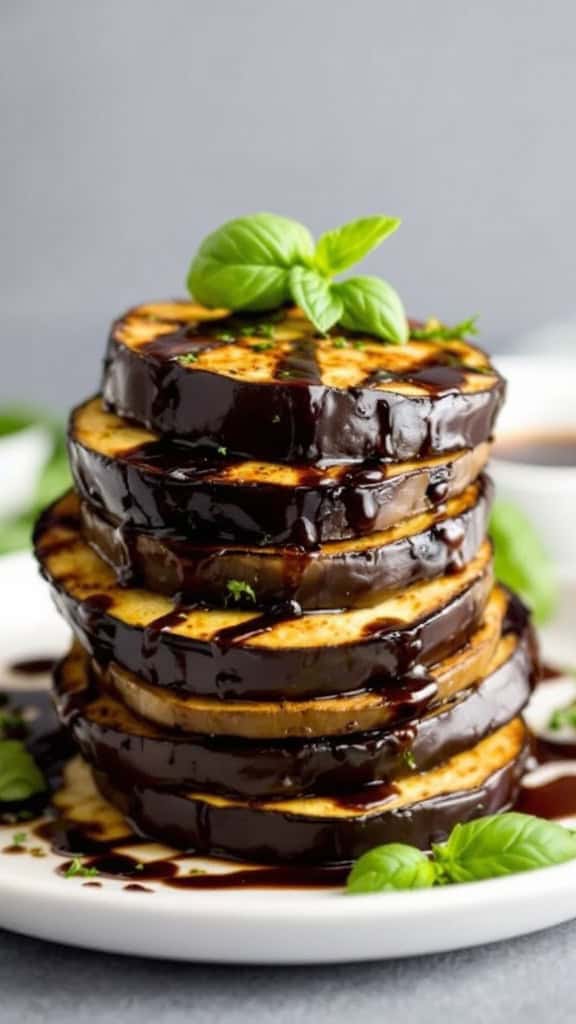Grilled eggplant slices with balsamic glaze and fresh basil on a plate.
