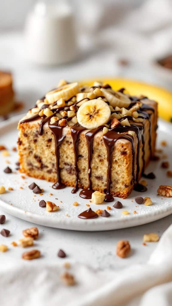 A slice of banana chocolate chip cake with nuts, drizzled in chocolate.