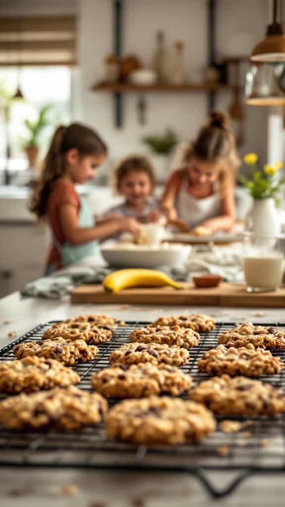 Kids helping to prepare banana oatmeal cookies in the kitchen.