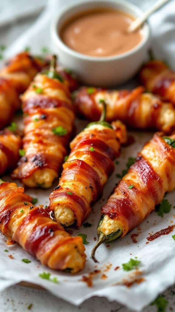 BBQ bacon-wrapped jalapeño poppers on a plate with dipping sauce