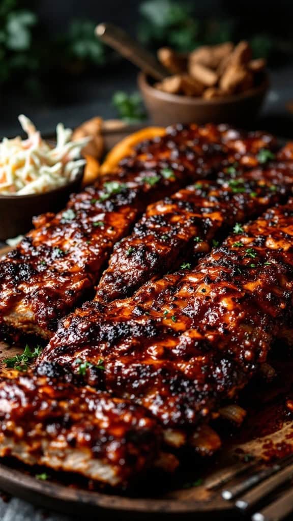 BBQ beef ribs with spicy dry rub garnished with parsley, served with coleslaw and sides.