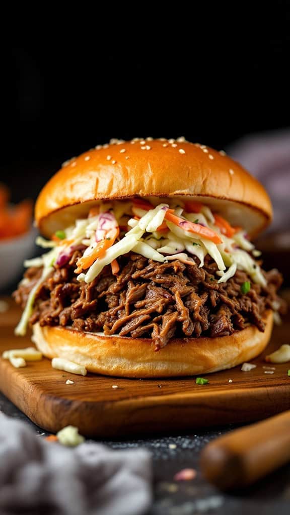 BBQ pulled beef sandwich with coleslaw on a wooden board