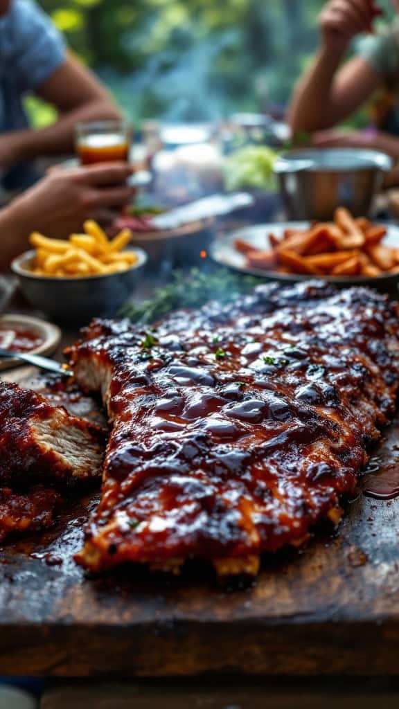 BBQ ribs with homemade sauce on a wooden table surrounded by family enjoying a meal.