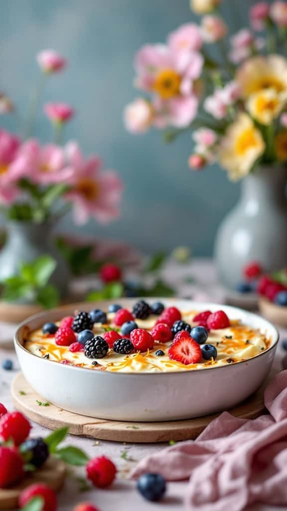 A Berry and Cream Cheese Breakfast Casserole with fresh berries on top.