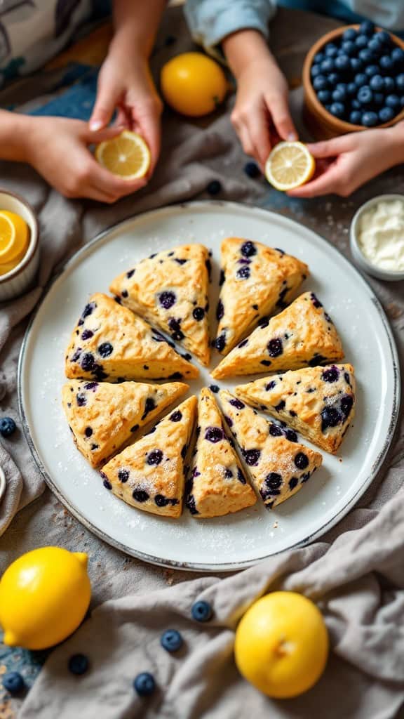 A plate of blueberry lemon scones surrounded by lemons and blueberries