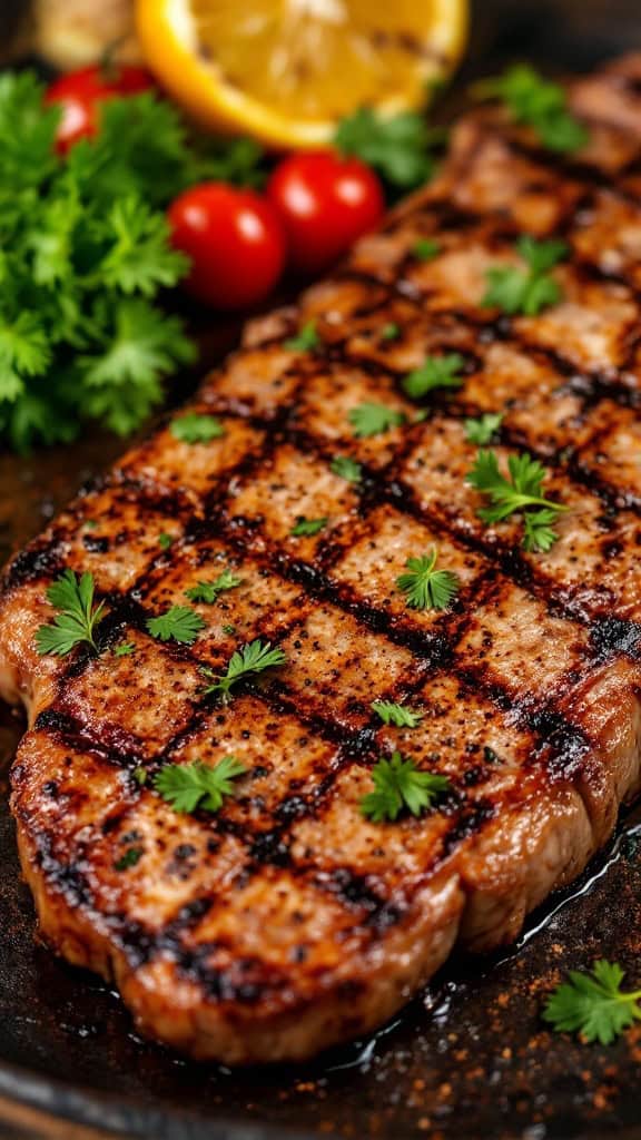Grilled flank steak garnished with herbs and surrounded by fresh vegetables.