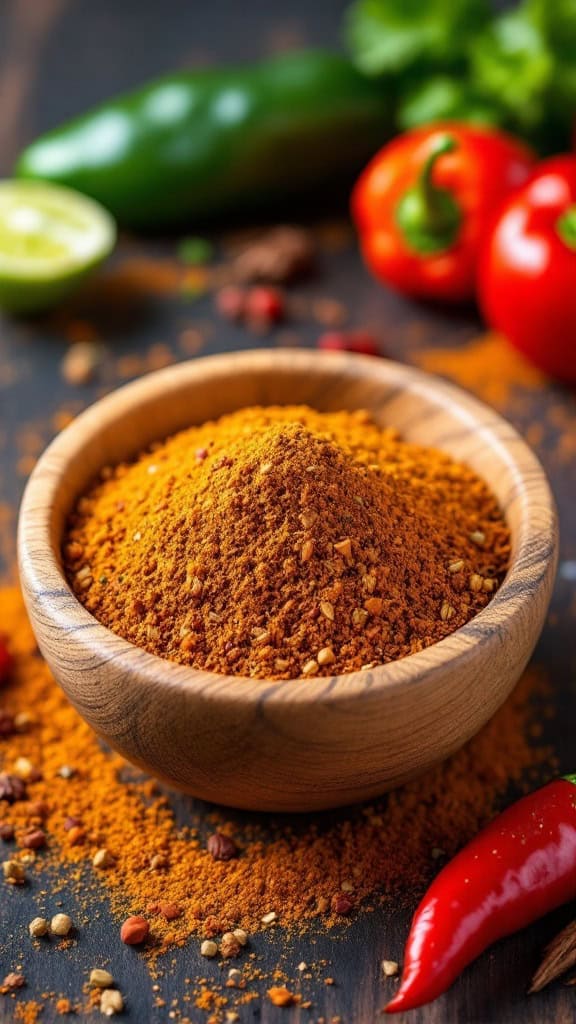 A bowl of Cajun spice blend surrounded by fresh vegetables.
