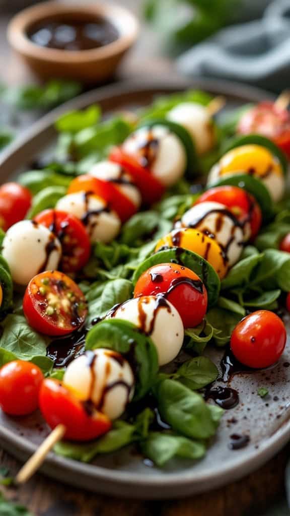 Caprese salad skewers with balsamic reduction, featuring mozzarella, tomatoes, and basil on a plate with greens.