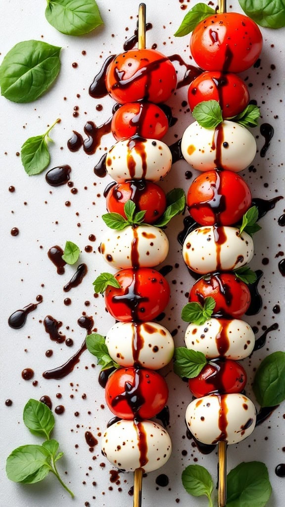 Caprese skewers with mozzarella, cherry tomatoes, and basil drizzled with balsamic reduction on a table.