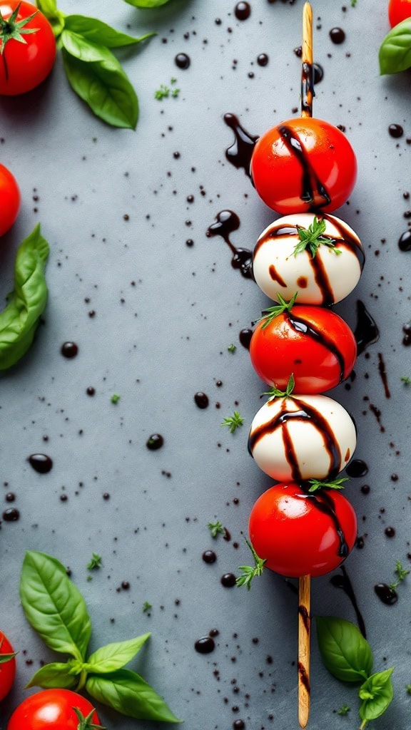 Caprese skewers with cherry tomatoes, mozzarella balls, and fresh basil drizzled with balsamic glaze.