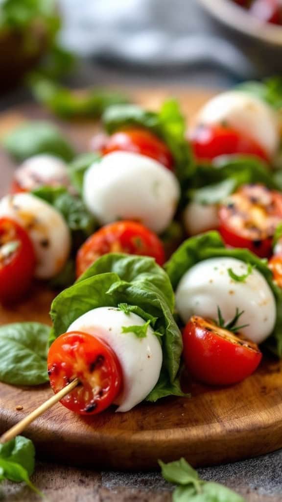 colorful caprese skewers with grilled mozzarella, cherry tomatoes, and basil arranged on a wooden board
