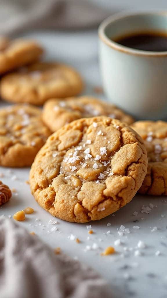 Close-up of caramel sea salt cookies with a cup of coffee in the background.