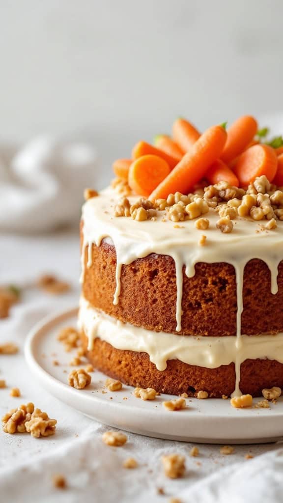 A layered carrot cake topped with cream cheese icing, chopped walnuts, and decorative carrot pieces.