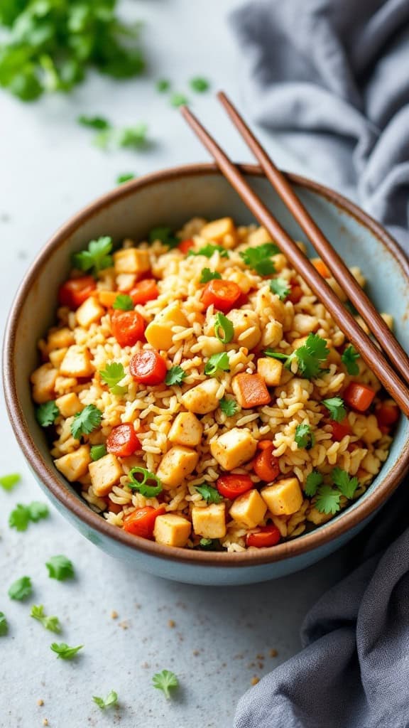 A bowl of cauliflower rice stir-fry with tofu, garnished with fresh cilantro and served with chopsticks.