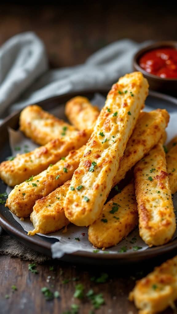 Plate of cheesy garlic breadsticks with marinara sauce on the side