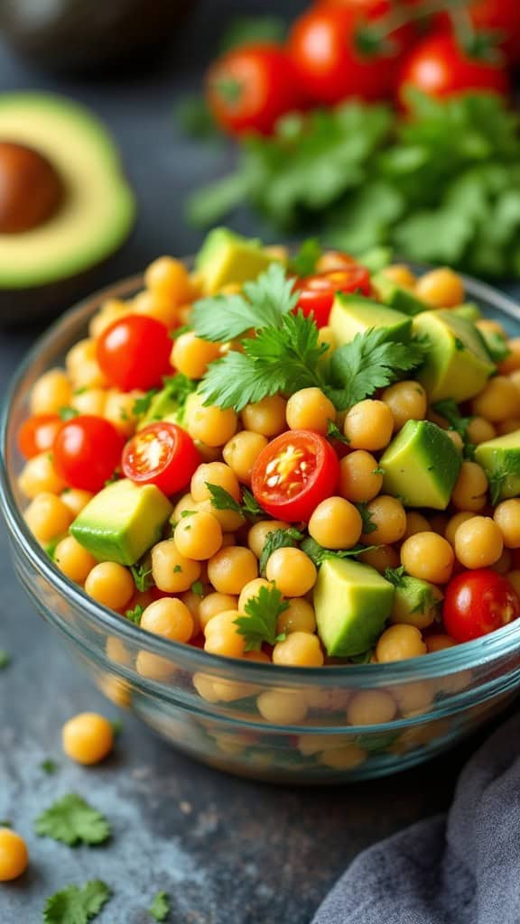 A vibrant chickpea and avocado salad with cherry tomatoes and cilantro.