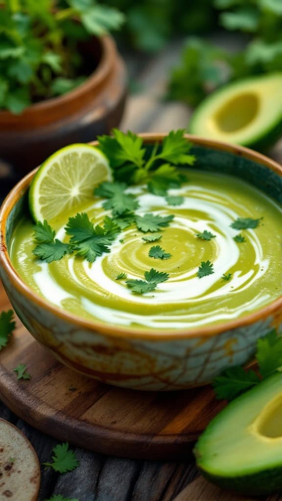 A bowl of chilled avocado soup garnished with lime slices and cilantro.