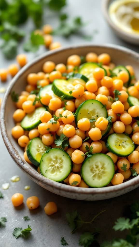 A bowl of chilled chickpea and cucumber salad with fresh herbs.
