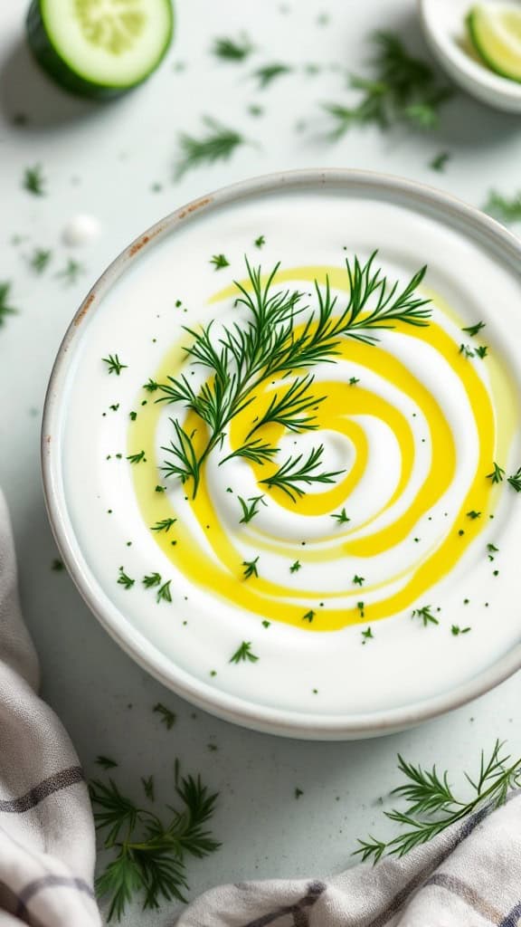 A bowl of chilled cucumber and yogurt soup topped with cucumber slices and dill.