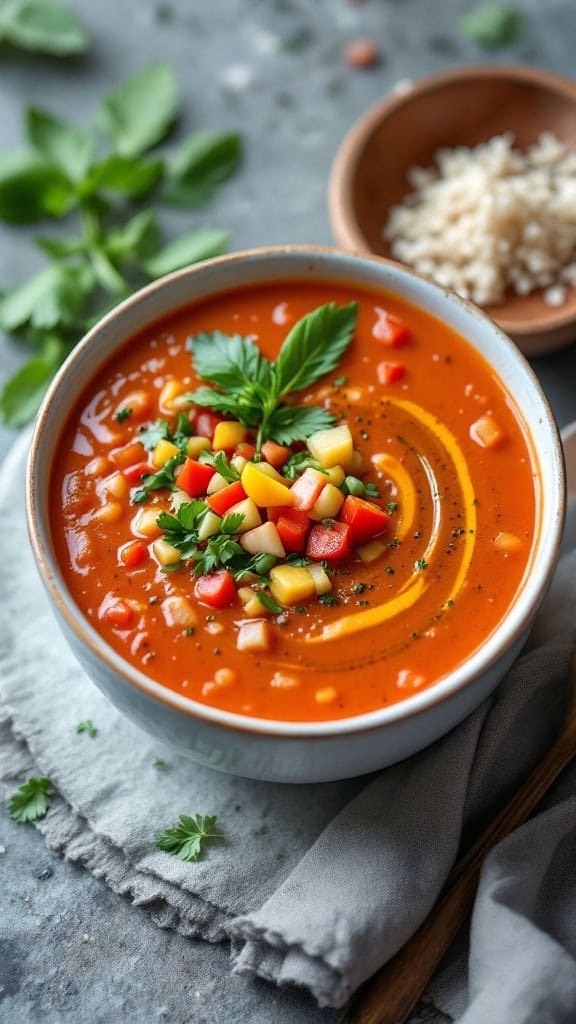 Bowl of chilled gazpacho topped with diced vegetables and herbs.