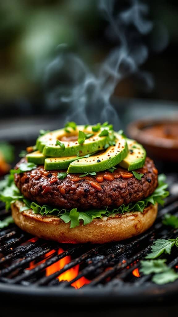 A delicious Chipotle Black Bean Burger topped with avocado slices, sitting on a grill.