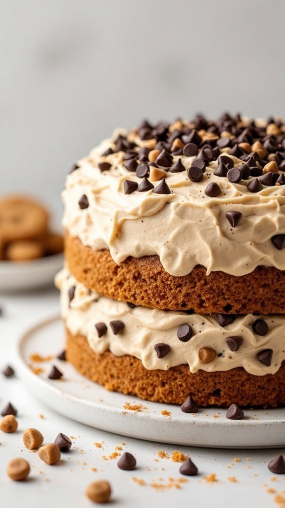 A delicious Chocolate Chip Cookie Dough Cake topped with chocolate chips.
