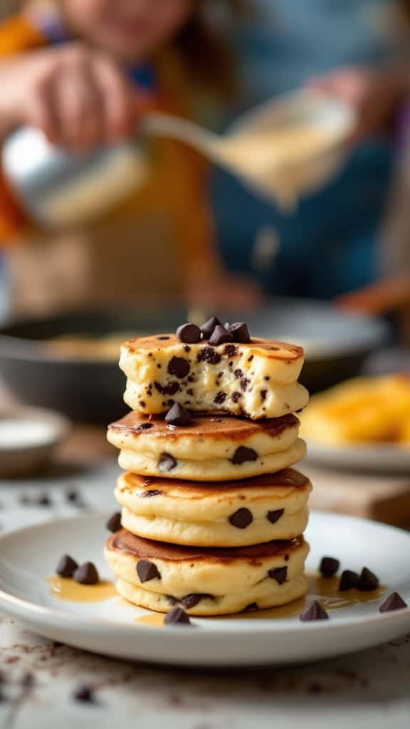 Plate of chocolate chip pancake bites with syrup and chocolate chips