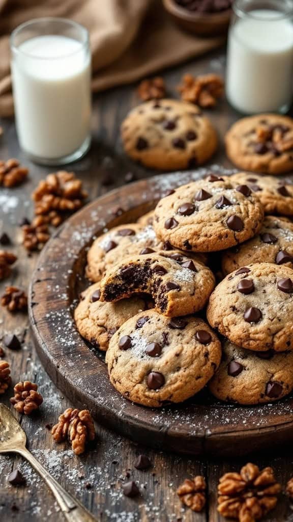 A plate of chocolate chip walnut cookies with a bite taken out, surrounded by walnuts and glasses of milk.