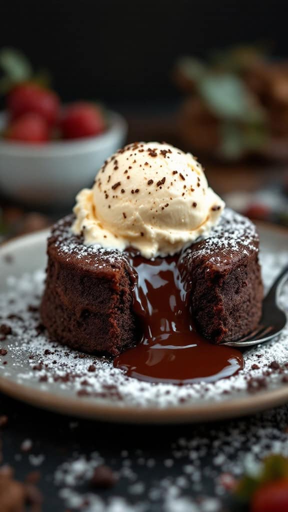 Chocolate lava cake with melting chocolate center and ice cream on top.