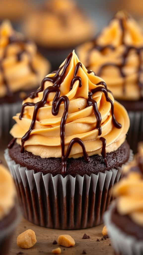 Chocolate peanut butter cupcakes with creamy frosting and chocolate drizzle