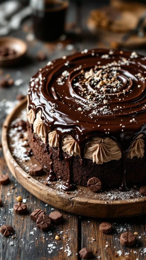 Chocolate Stout Cake with whipped ganache on a wooden plate