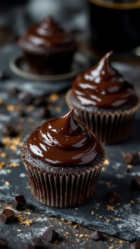 Chocolate stout cupcakes topped with shiny whiskey ganache.