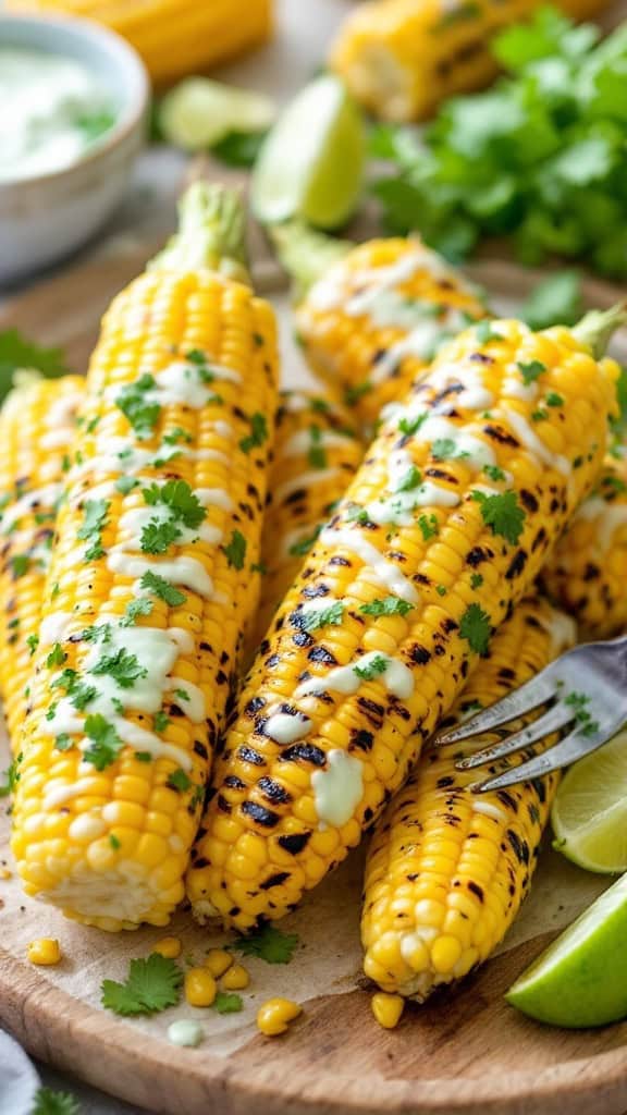 Grilled corn on the cob topped with cilantro and lime wedges