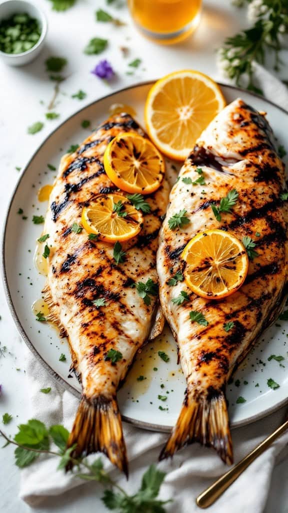 Grilled fish garnished with orange slices and herbs on a plate.