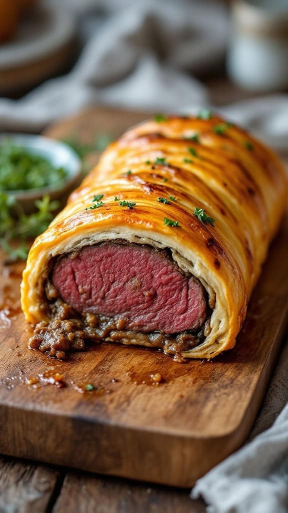 A beautifully baked Beef Wellington with a golden crust and a slice showing the juicy filling.
