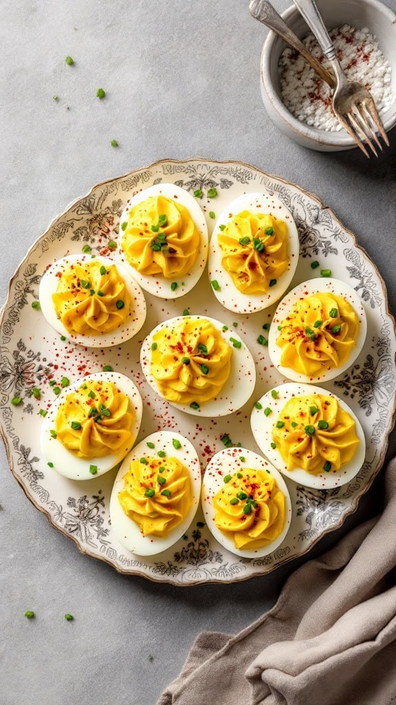 A plate of classic deviled eggs garnished with chives and paprika