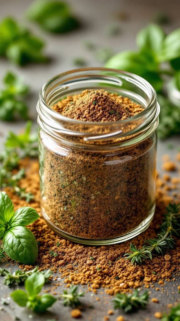 A jar of classic Italian herb rub surrounded by fresh herbs.