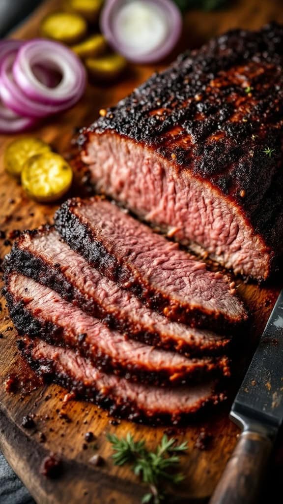 Sliced smoky brisket on a wooden cutting board with pickles and onions